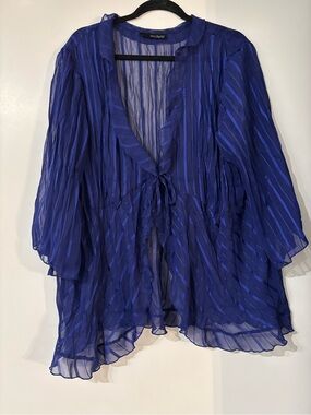 Contempo Royal Blue Sheer Pleated Tie Front Tunic Blouse Shirt Size 22